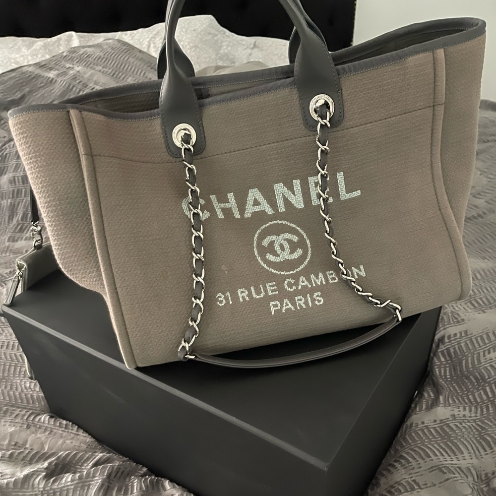 Authentic Chanel Deauville Tote in Gray